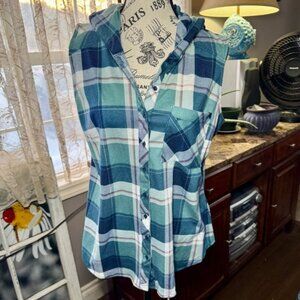 Warehouse Blue Sleeveless Button Down Top with Hood